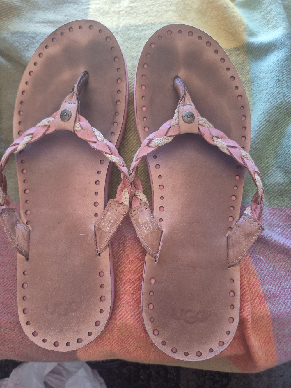UGG Pink Braided Leather Thong Sandals
